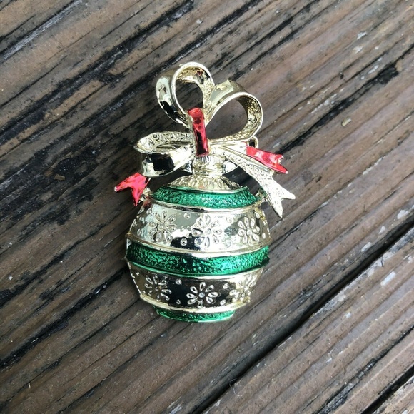 Vintage Jewelry - Christmas Ornament Enamel Brooch Red Green Gold Bow Holiday Pin Vintage Jewelry